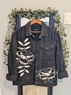 Hand-painted White Floral On Black Denim Jacket